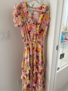 Misa Los Angeles Pink & Yellow Floral Ruffle Maxi Dress